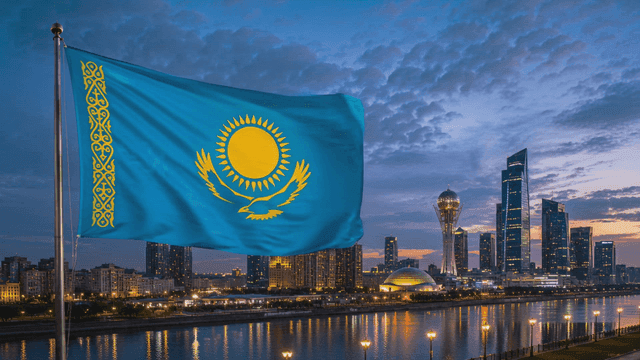 Kazakhstan flag waving with city skyline
