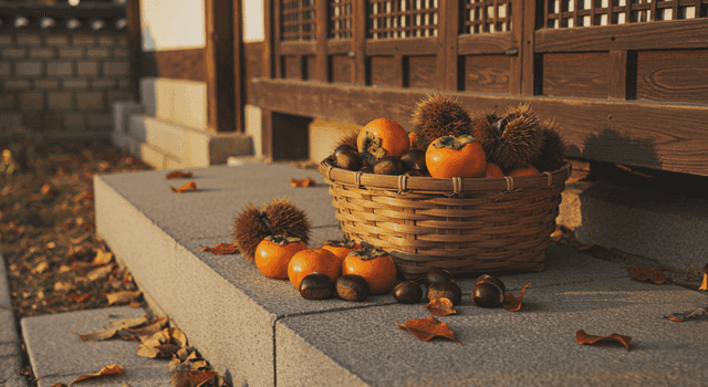 Basket of persimmons and chestnuts on a porch