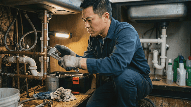 Plumber repairing pipes under sink