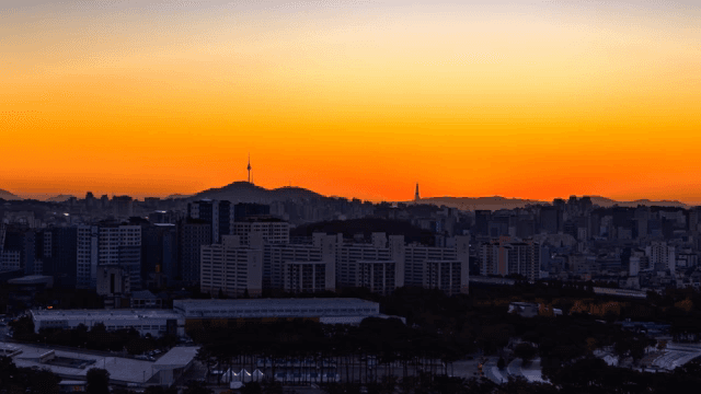 Colorful cityscape at sunrise