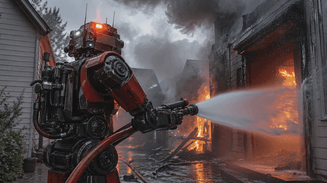 A firefighting robot extinguishing a blaze