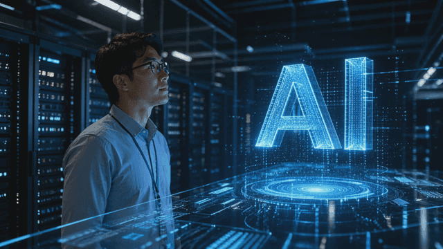 Man observing AI hologram in server room