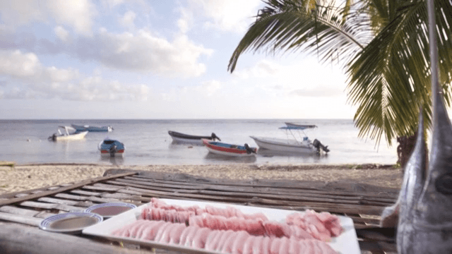 해변 테이블 위의 신선한 생선과 회