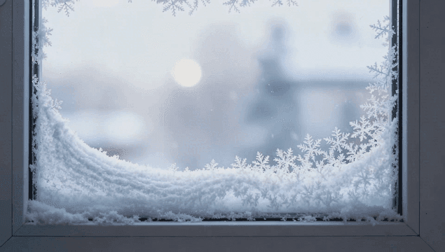 Snowflakes on snowy window