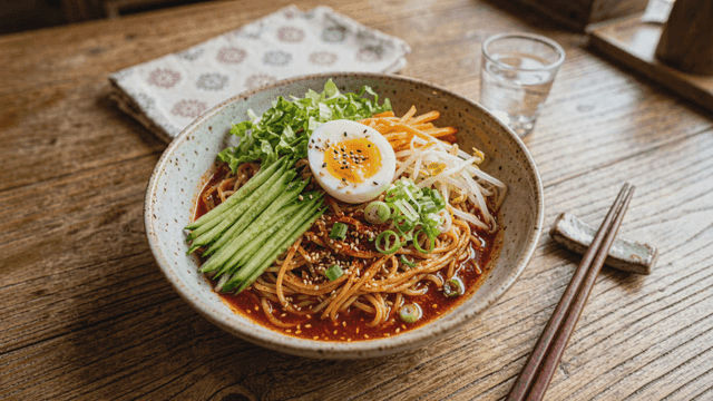 Spicy mixed noodles topped with cucumber and boiled egg