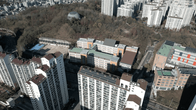 Aerial view of city with high-rise apartments