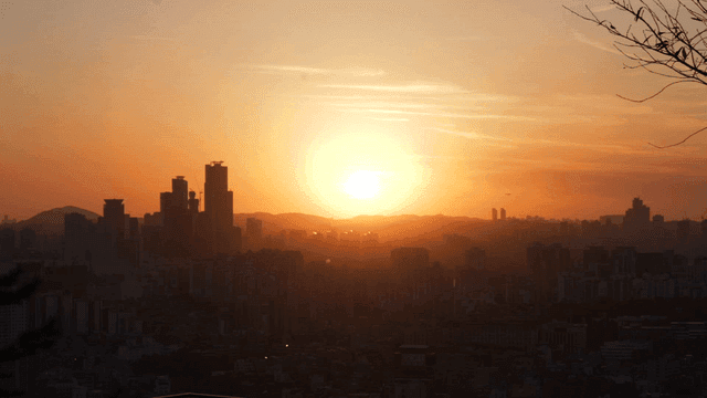 도시 스카이라인 위의 일몰