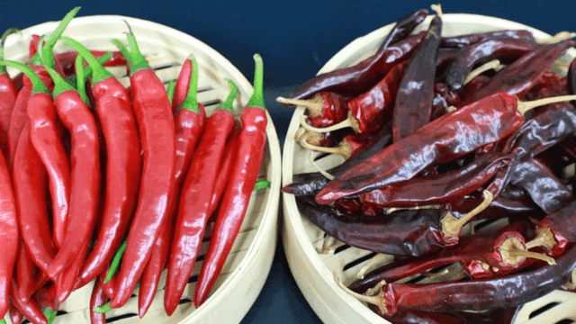 Red fresh and dried peppers