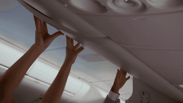 비행기 수납칸을 닫는 손