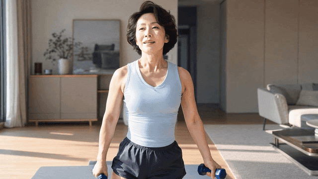 Middle-aged woman exercising with dumbbells at home
