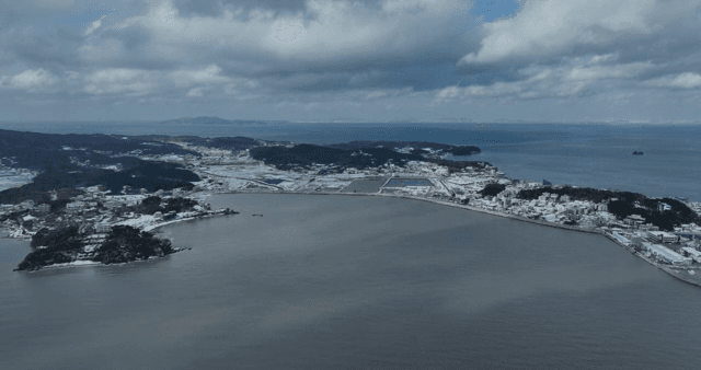 Snow-covered coastal town and sea