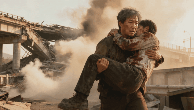붕괴된 다리 근처에서 부상자를 안고 있는 남자