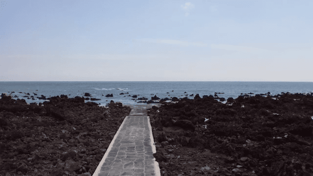 바닷가 바위 길을 뛰는 여성