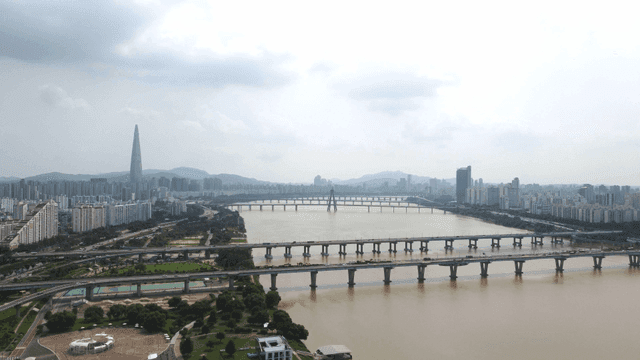 City skyline with rivers and bridges
