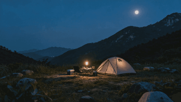 산속 달빛 아래 캠핑장