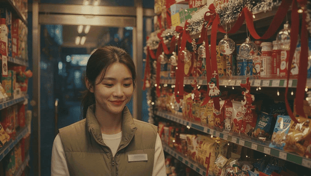 크리스마스 분위기의 가게 통로에 있는 여성