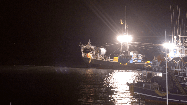 Fishing boat sailing on dark sea at dawn