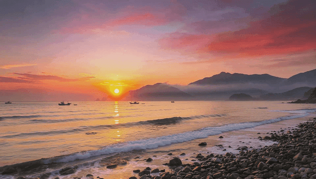 Serene beach at sunrise with boats