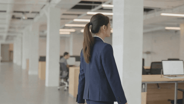 Woman walking confidently in an office
