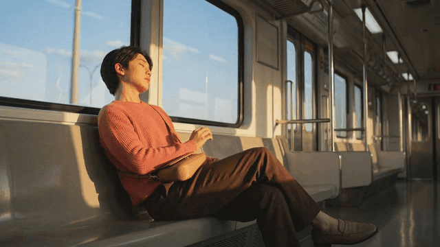 Young man resting on train at sunset