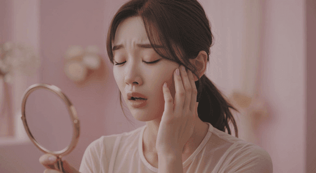 거울로 피부를 살펴보는 여성