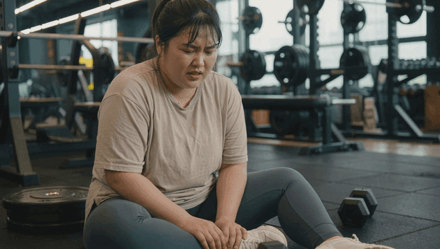 Fat woman panting in gym