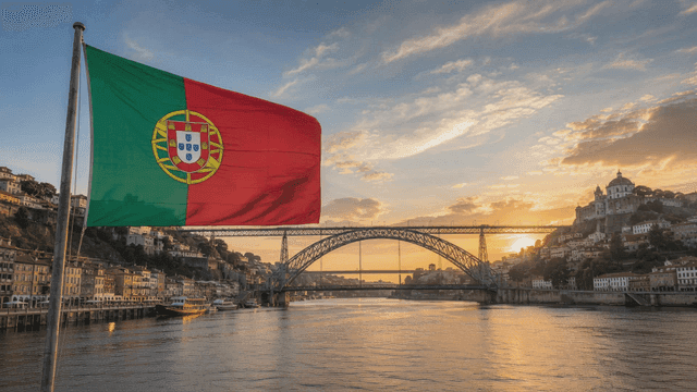 Portuguese flag waving by the river at sunset
