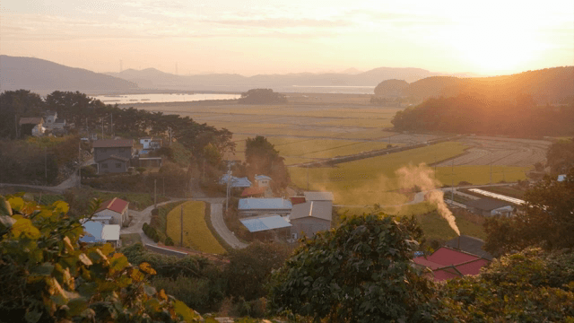 일출 시 평화로운 시골 마을