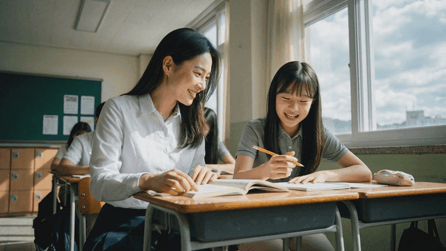Teacher who teaches students studying together in classroom