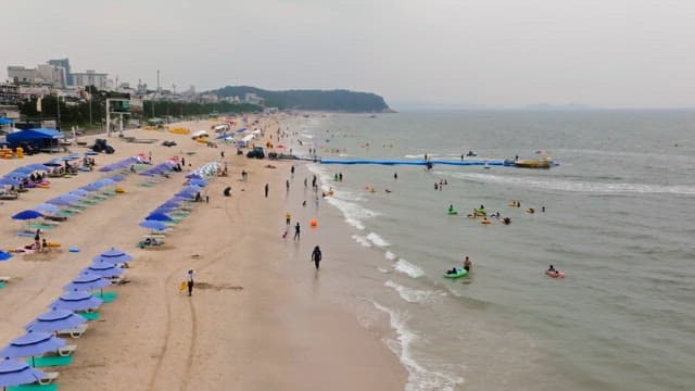 바다를 즐기는 사람들로 붐비는 해변