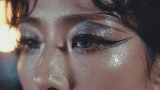 Close-up of glittery eye makeup