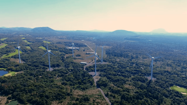 넓은 녹색 풍경 속 풍력 터빈