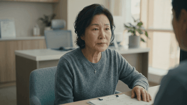 Elderly woman sitting in office