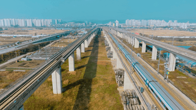 High-speed train on elevated tracks