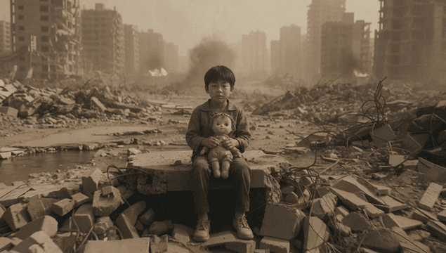 폐허 속 인형을 안고 있는 아이