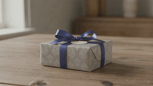 나무 테이블 위에 깔끔하게 포장된 선물 상자