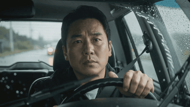 Man driving in the rain with a focused expression