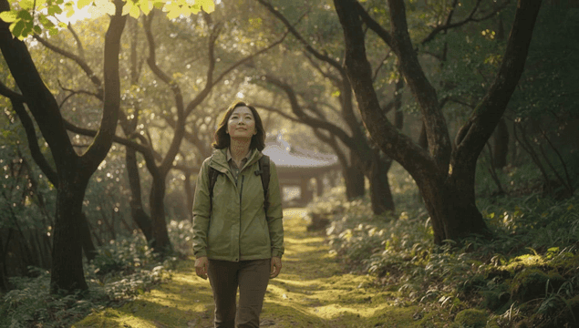 고요한 숲길을 걷는 여성