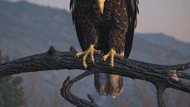 Eagle sitting on burnt black branch