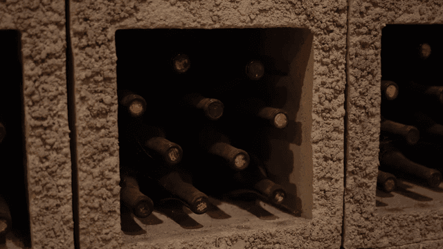 Wine bottles stored in a cellar