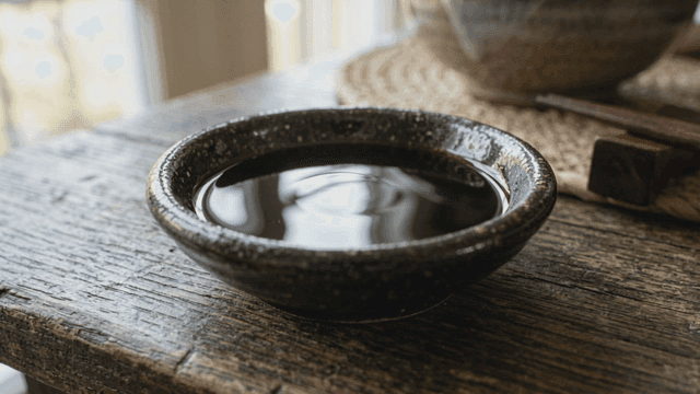 Dark soy sauce bowl on wooden table