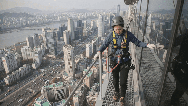 Worker operating on high-rise building in cityscape