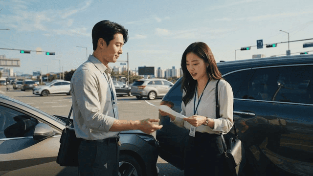 Insurance company employees discussing documents at intersection
