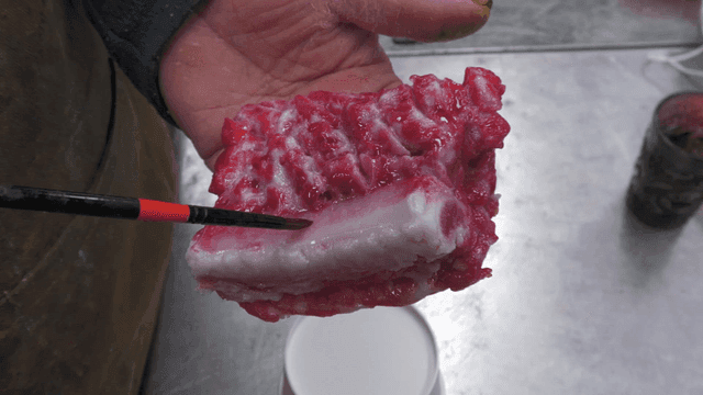 Craftsman painting piece of raw meat he is holding in his hand