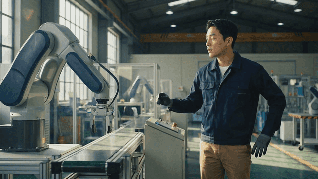Engineer operating a robotic arm in a factory