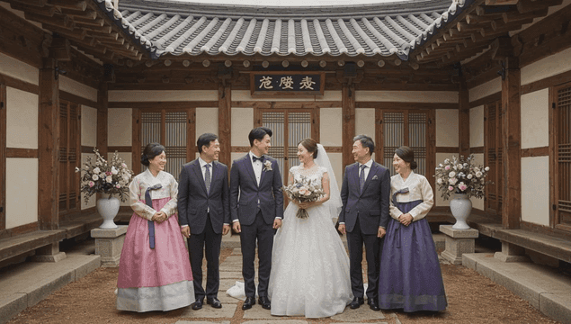 한옥 마당에 서있는 신랑 신부의 가족들