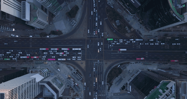 Busy downtown intersection