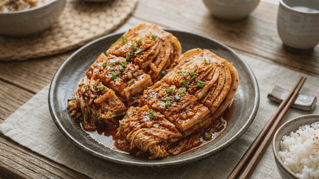 Kimchi served with rice and soup