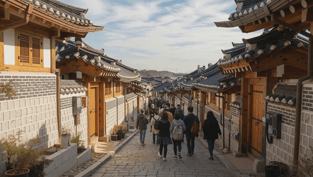 가을 전통 한옥마을 거리를 걷어다니는 사람들