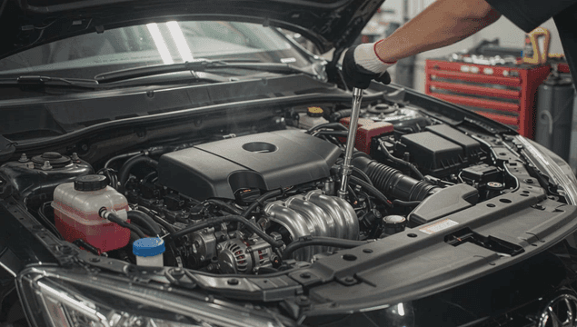 차고에서 수리 중인 자동차 엔진